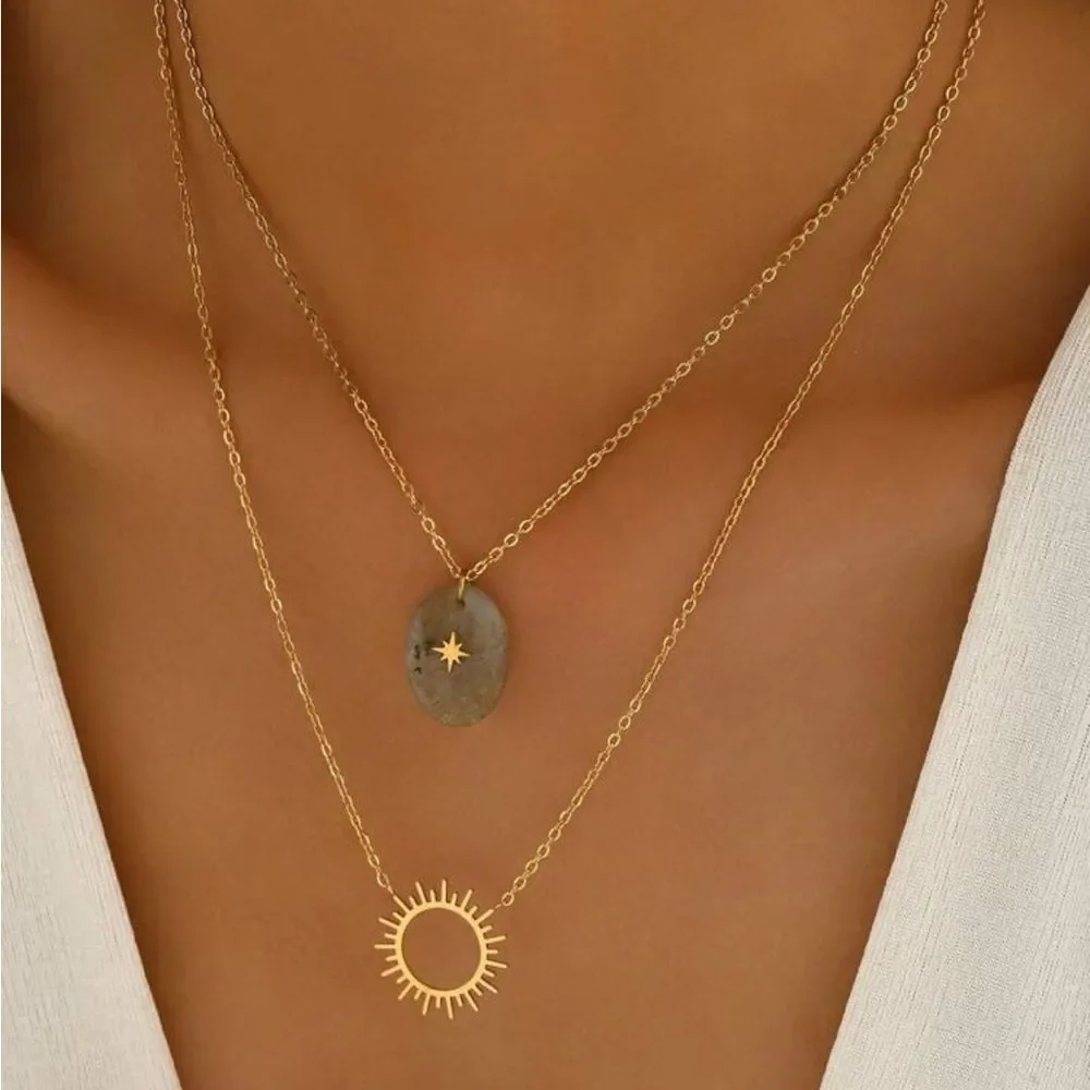 Layered Necklace with Sun and Star A1173